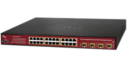 24-Port 10/100/1000Base-T  IEEE802.3at Copper Ports with 4 shared SFP Slots Managed Gigabit Ethernet Switch (24x 15,4W/ 12 x 30,8 W / 380W PoE Budget) and Static Routing (0~50℃)